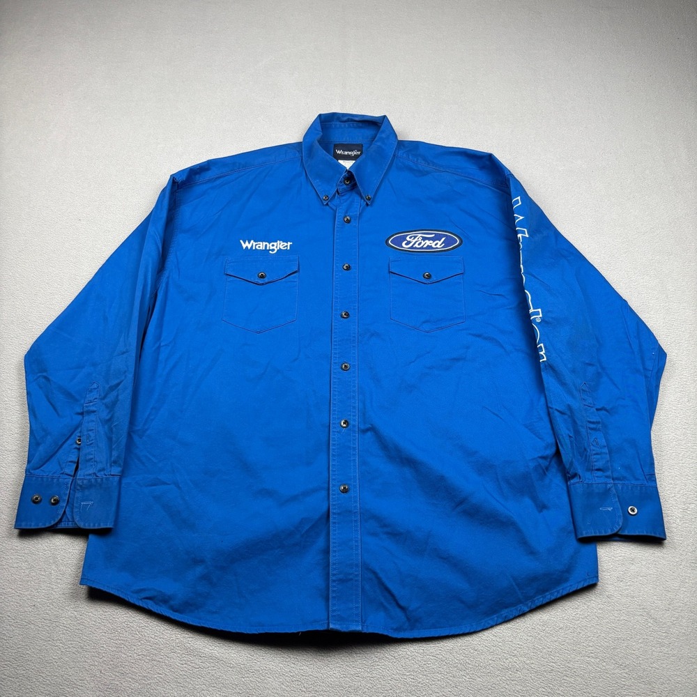 Wrangler Ford Logo Button Down Shirt Mens XXL Blue Long Sleeve Western Workwear